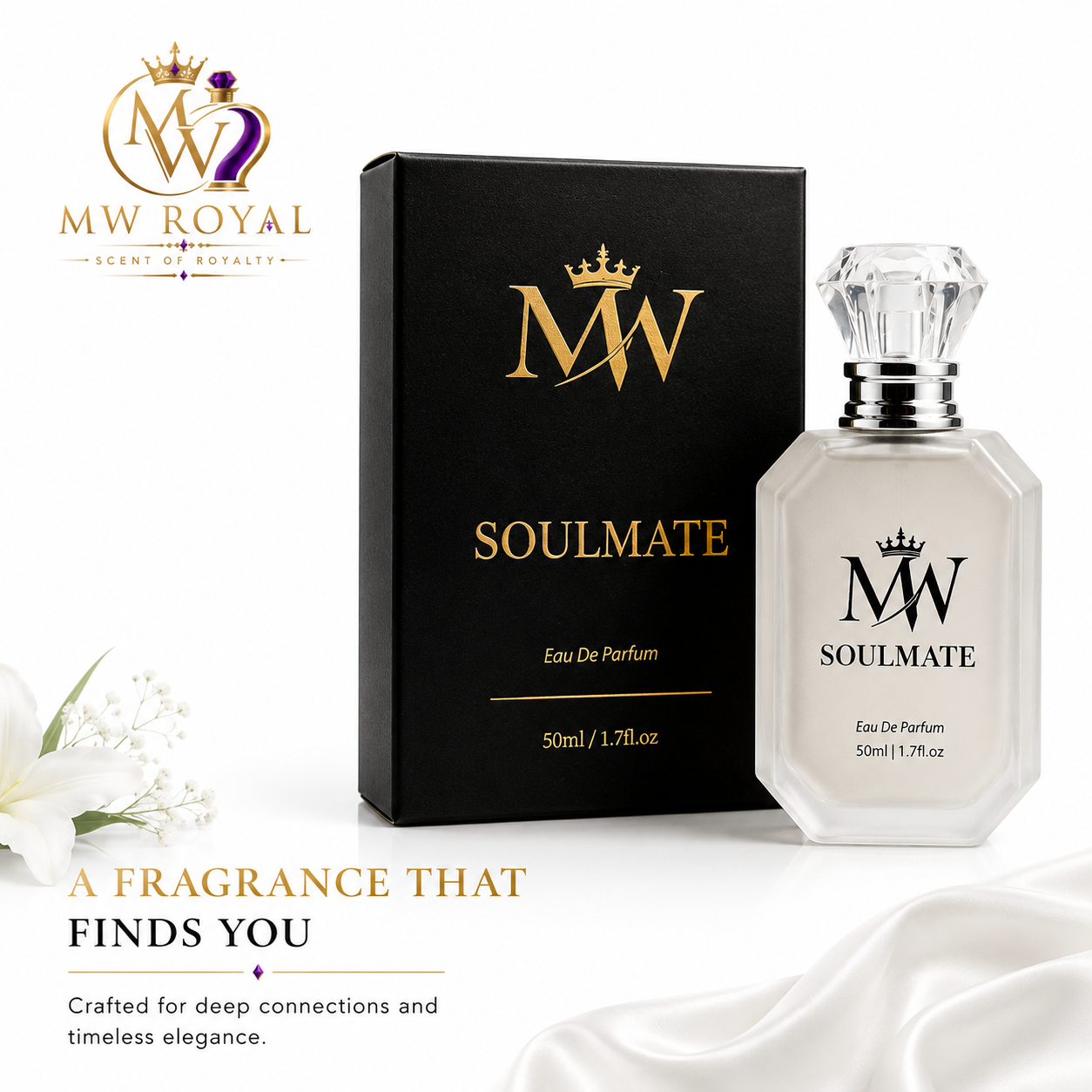 MW ROYAL Soulmate 50ml Eau De Parfum luxury perfume bottle and black fragrance box on a premium