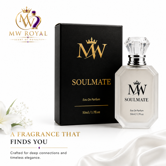 MW ROYAL Soulmate 50ml Eau De Parfum luxury perfume bottle and black fragrance box on a premium