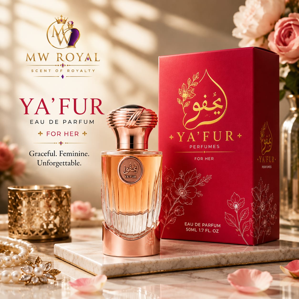 MW Royal Ya'fur Eau de Parfum bottle with a rose gold cap next to its red packaging box, styled on a marble tray with rose petals and a gold candle.