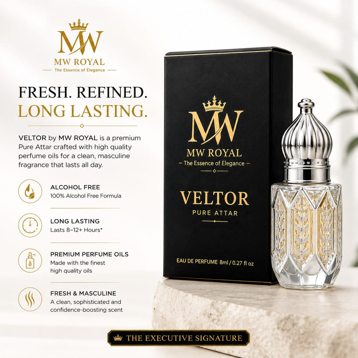 Infographic showing the key benefits of MW ROYAL VELTOR Pure Attar 8ml.