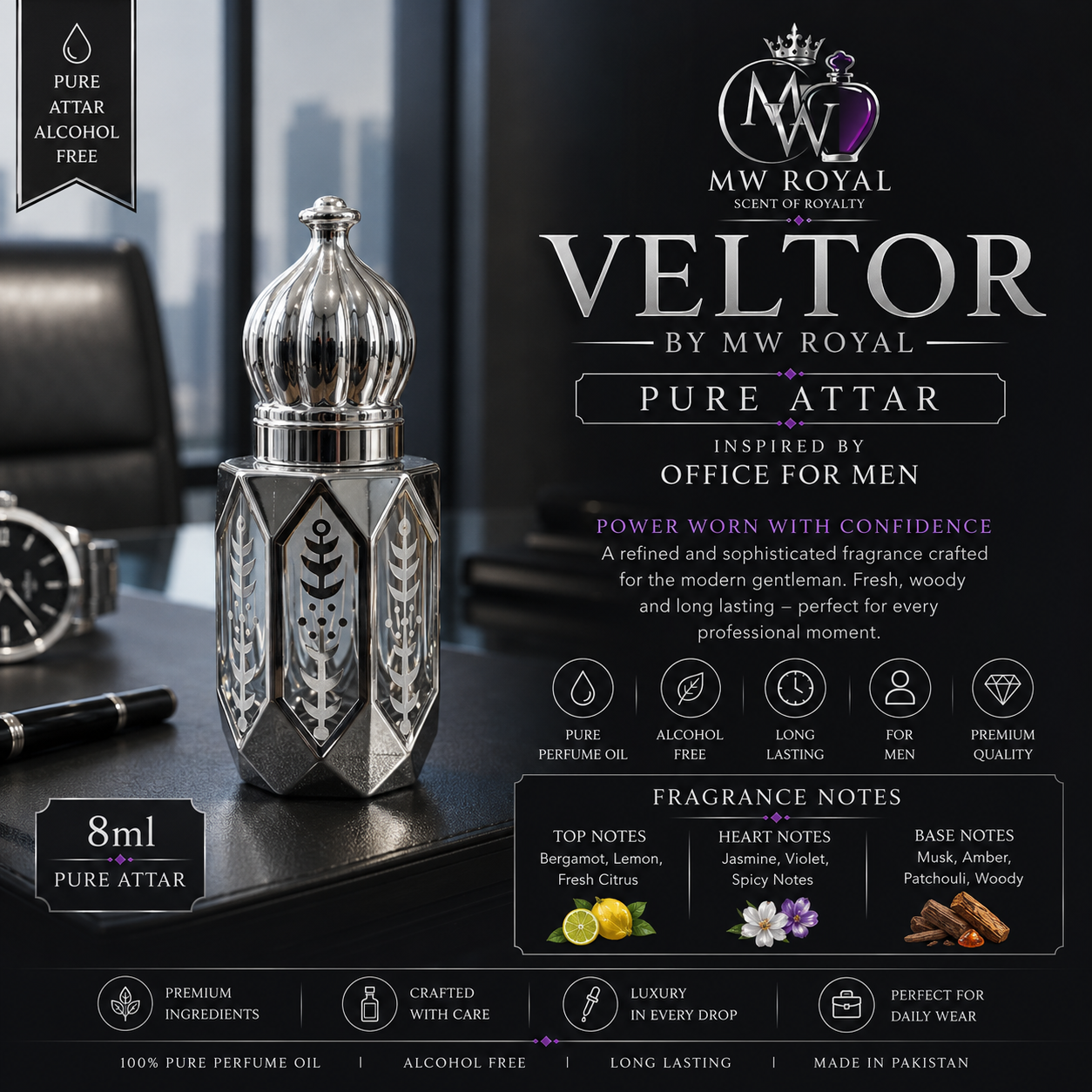 MW ROYAL VELTOR Pure Attar 8ml | Premium Perfume Oil | Alcohol Free | Long Lasting