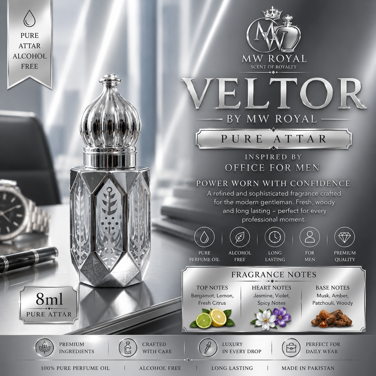 MW ROYAL VELTOR Pure Attar 8ml | Premium Perfume Oil | Alcohol Free | Long Lasting