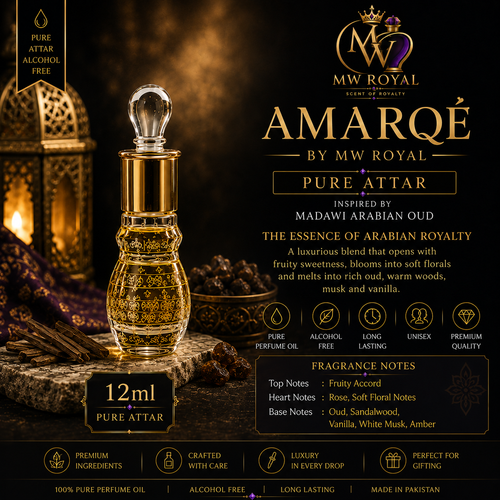 MW ROYAL AMARQÉ Pure Attar 12ml | Premium Arabian Perfume Oil | Alcohol Free | Long Lasting