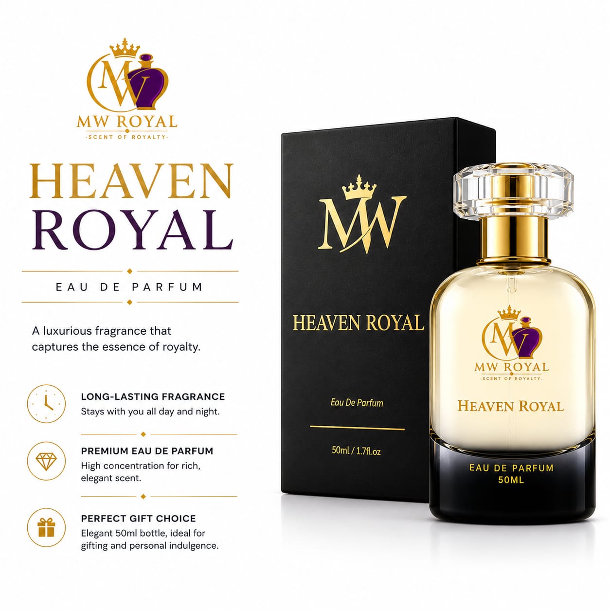  Benefits of Heaven Royal perfume including long-lasting fragrance, premium ingredients, elegant packaging, and unisex wear.