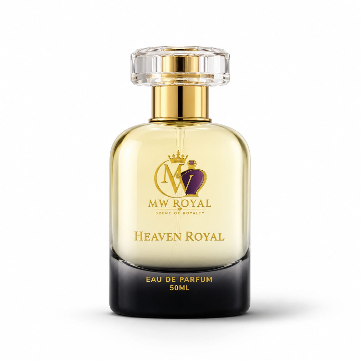 MW Royal Heaven Royal Eau de Parfum 50ml bottle, featuring a clear glass body with pale golden-yellow fragrance liquid, a shiny gold neck and lettering, and a solid black base, set against a plain white background.