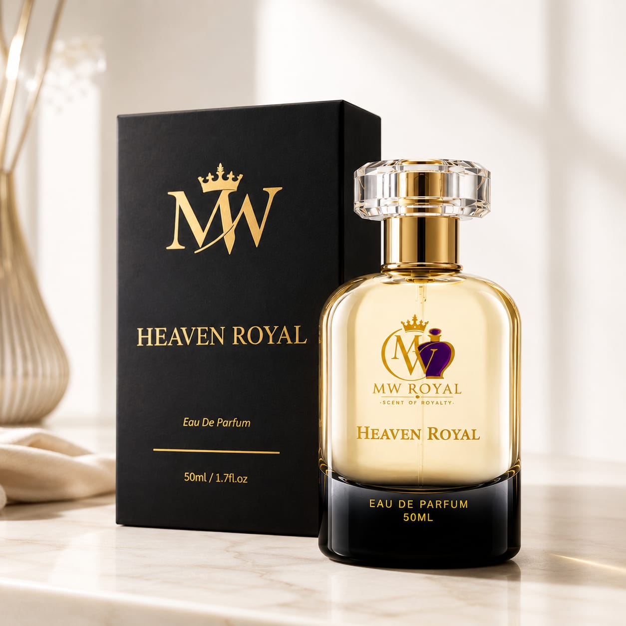  MW ROYAL Heaven Royal Eau De Parfum 50ml luxury perfume bottle with premium black packaging on a clean white background.