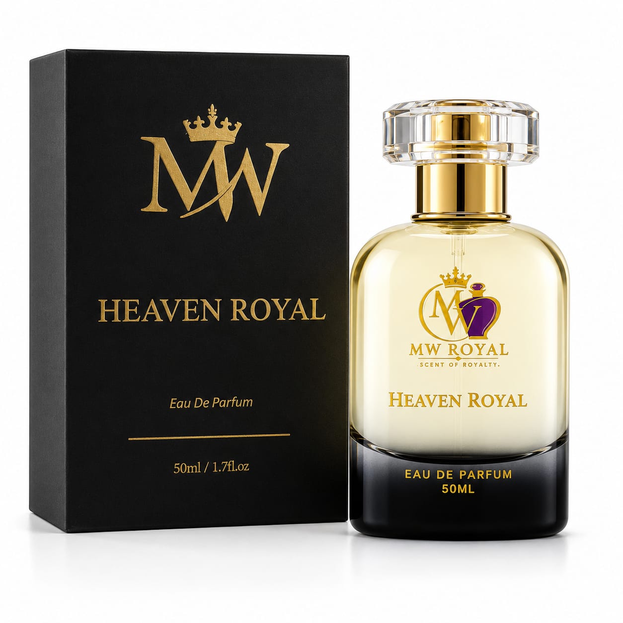 Luxury lifestyle presentation of Heaven Royal Eau De Parfum with premium packaging in an elegant setting.