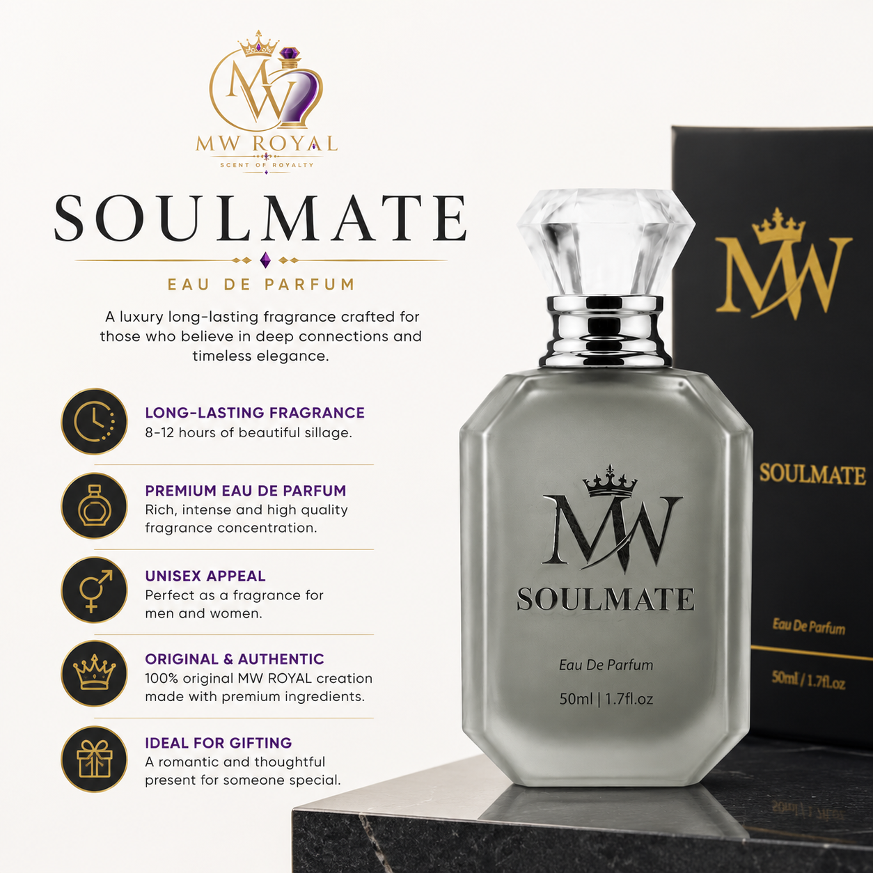 MW ROYAL Soulmate premium unisex Eau De Parfum perfume bottle and luxury packaging