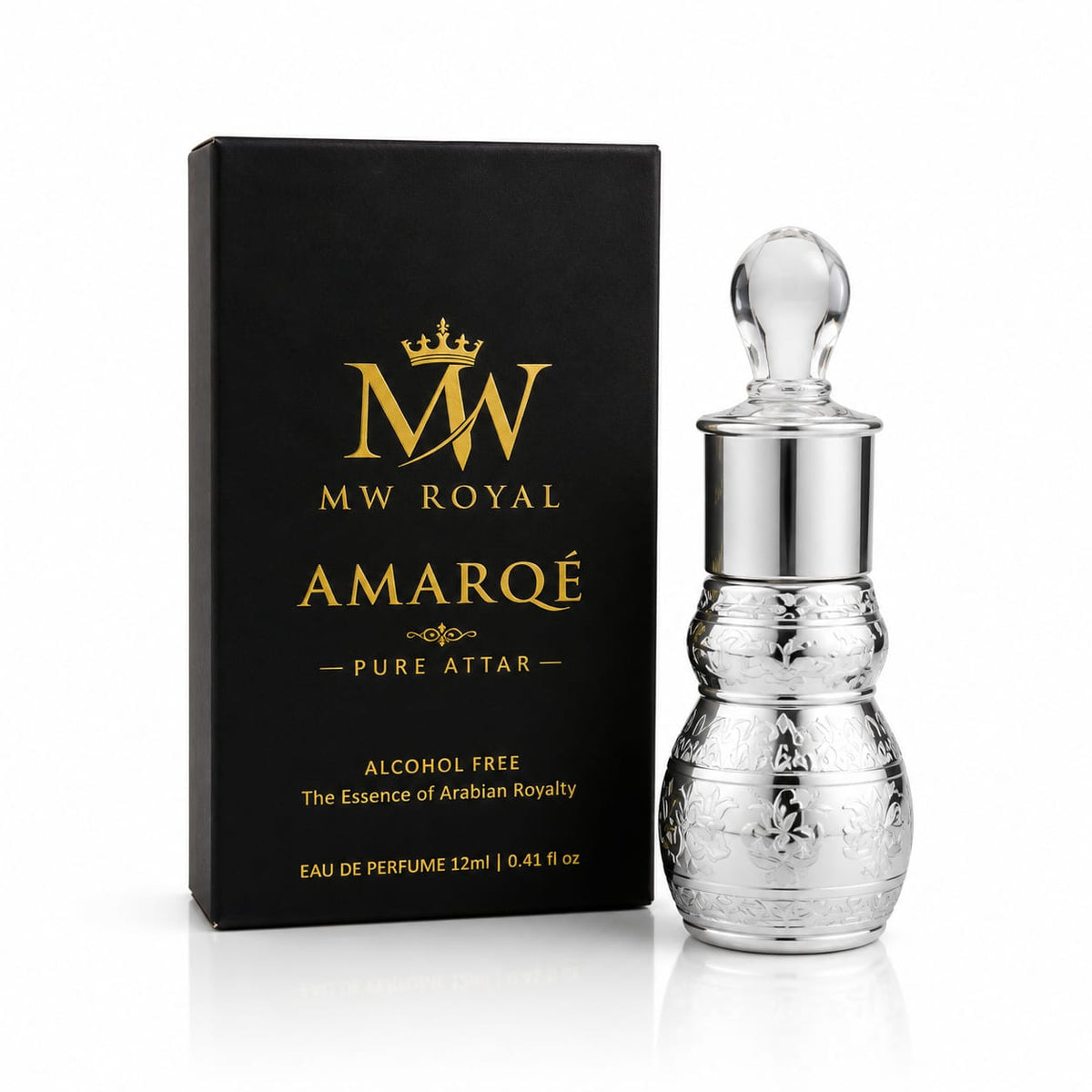  Luxury lifestyle presentation of MW ROYAL AMARQÉ Pure Attar 12ml with elegant bottle and premium packaging.