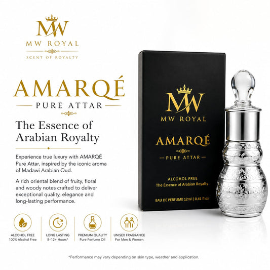 MW ROYAL AMARQÉ Pure Attar 12ml with luxury bottle and premium packaging on a clean white background.