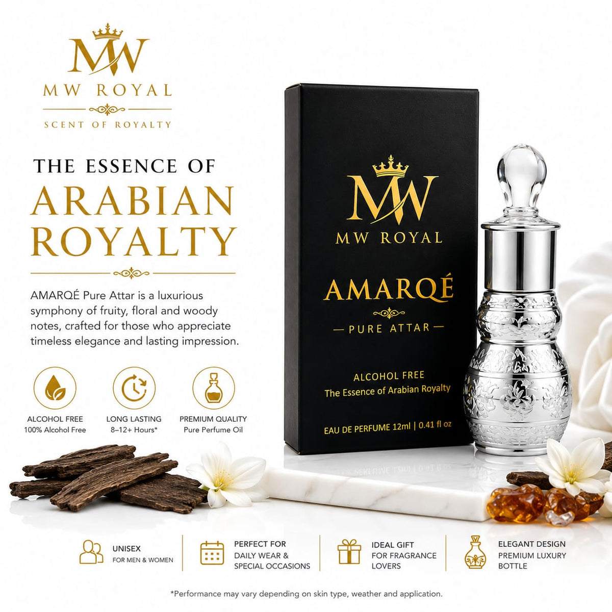 Benefits of MW ROYAL AMARQÉ Pure Attar featuring alcohol-free formula, premium perfume oil, and long-lasting fragrance.