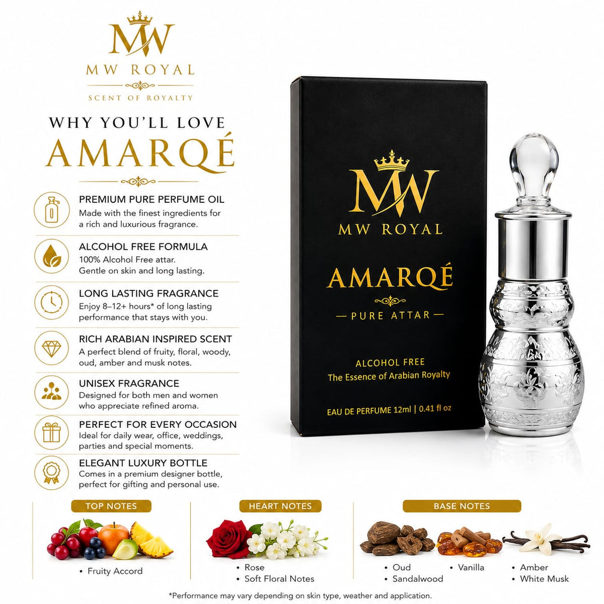  Premium Arabian perfume oil by MW ROYAL highlighting alcohol-free formula and long-lasting fragrance