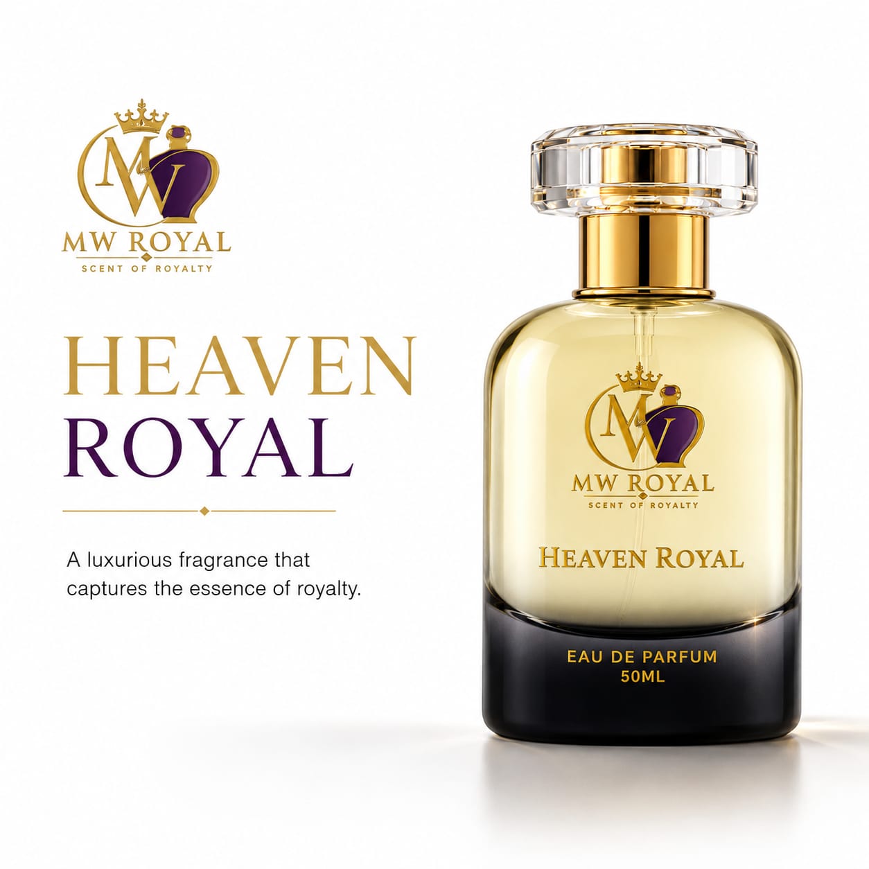 MW Royal Heaven Royal Eau de Parfum 50ml bottle on a white background, featuring a gold and black gradient bottle with a clear cap, alongside product branding and descriptive text.