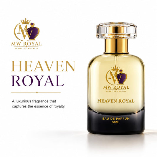 MW Royal Heaven Royal Eau de Parfum 50ml bottle on a white background, featuring a gold and black gradient bottle with a clear cap, alongside product branding and descriptive text.