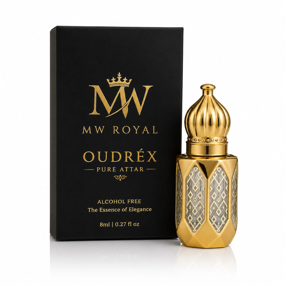 Luxury lifestyle presentation of MW ROYAL OUDRÉX Pure Attar with premium packaging and elegant branding.