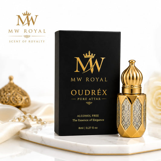 MW ROYAL OUDRÉX Pure Attar 8ml in a luxury bottle with premium packaging on a clean white background.