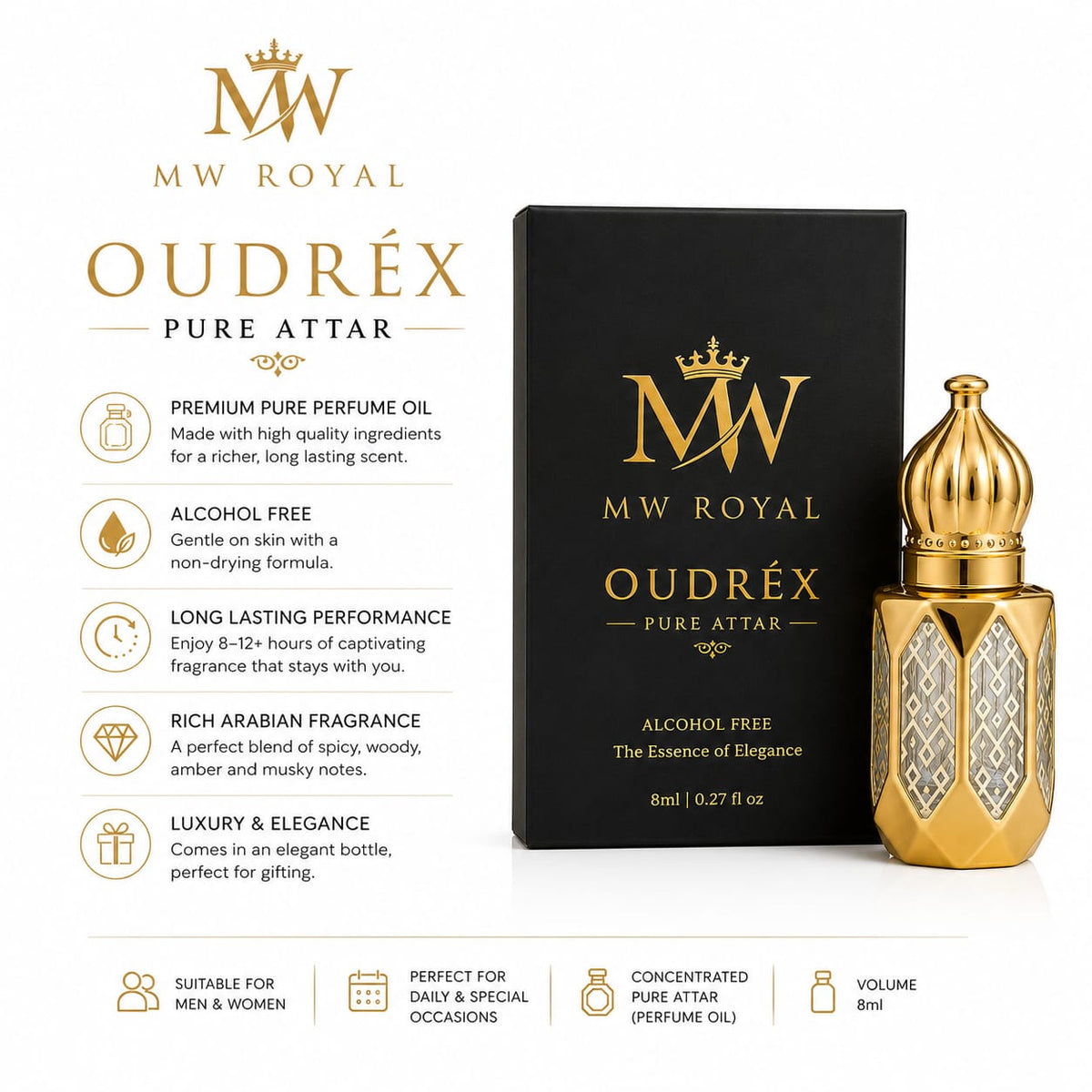 Luxury MW ROYAL OUDRÉX Pure Attar highlighting its premium Arabian fragrance and alcohol-free formula.
