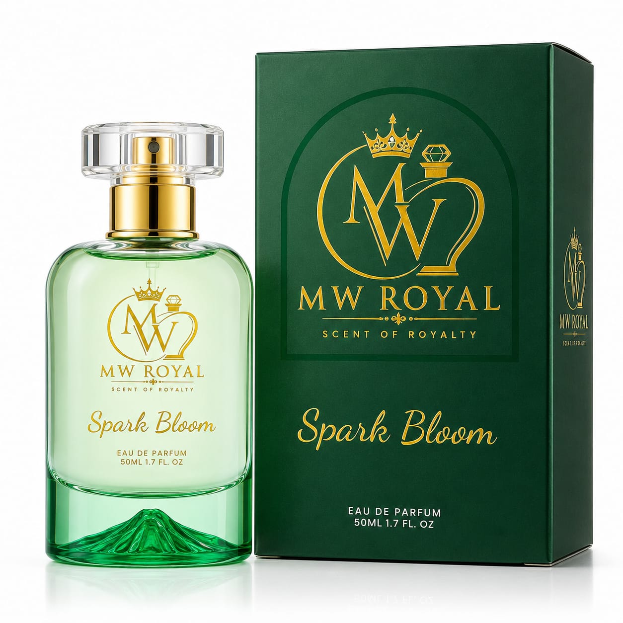  MW ROYAL Spark Bloom Eau De Parfum 50ml bottle with luxury green packaging on a premium floral background.