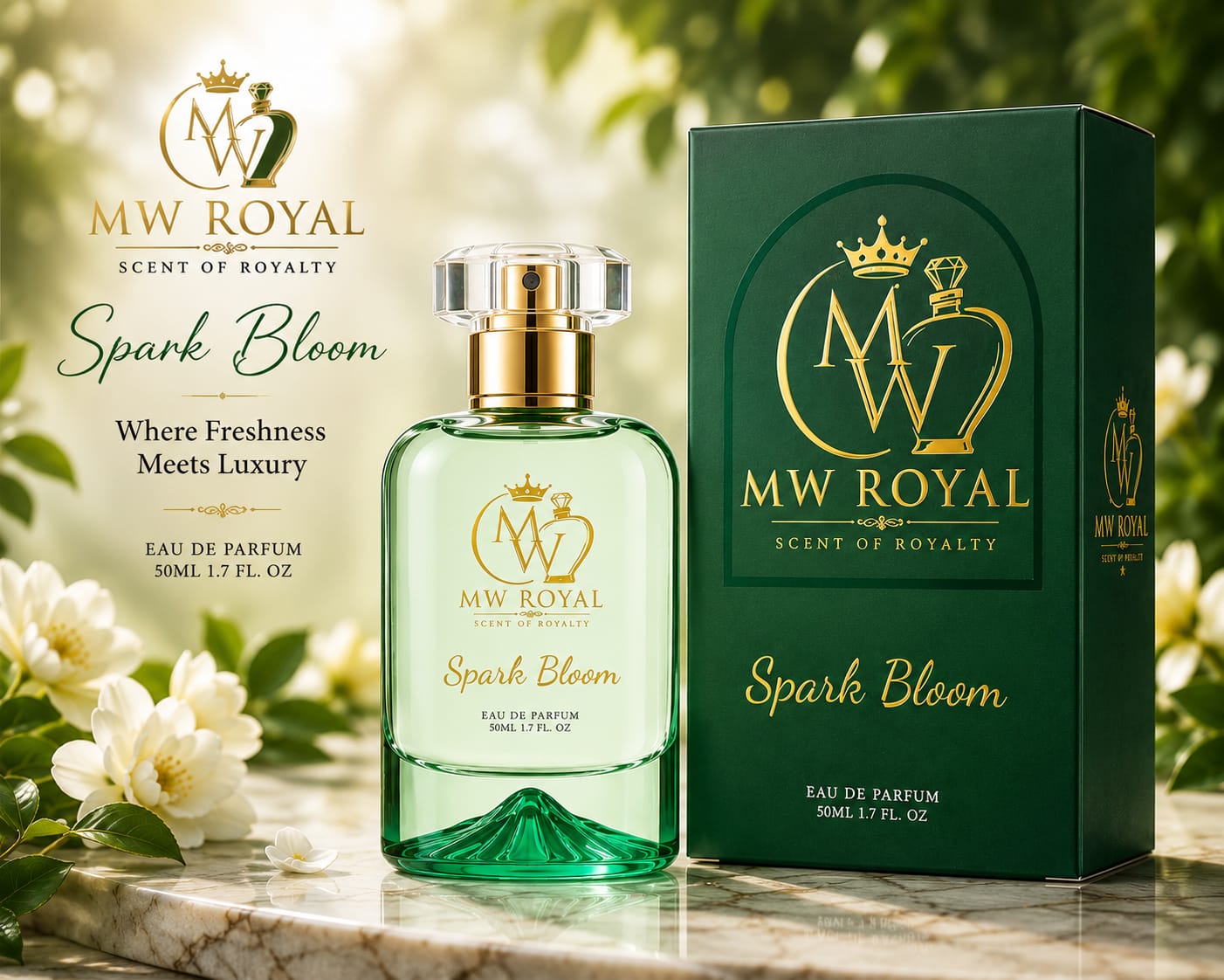 Spark Bloom perfume bottle beside luxury green packaging with white flowers and a soft natural background