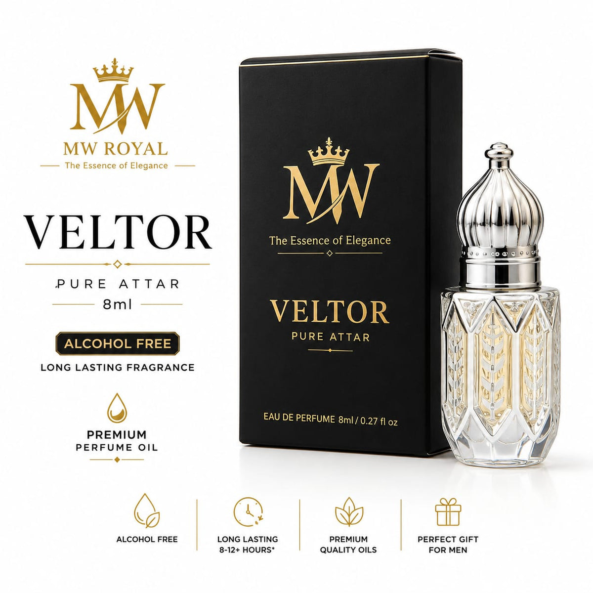MW ROYAL VELTOR Pure Attar 8ml premium alcohol-free perfume oil with luxury bottle and elegant packaging.
