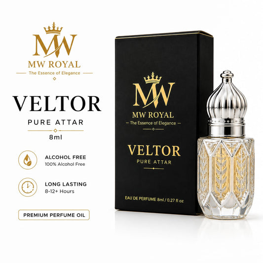 Luxury lifestyle presentation of MW ROYAL VELTOR Pure Attar in an elegant executive setting.