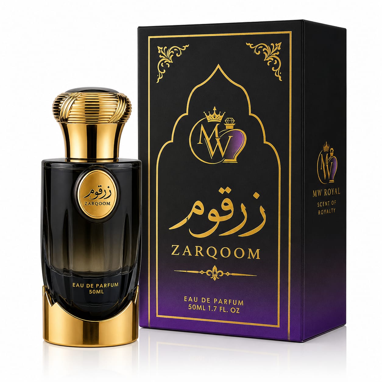 MW ROYAL Zarqoom Eau De Parfum 50ml luxury men's perfume bottle with premium packaging on a clean studio background