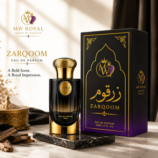 MW ROYAL Zarqoom perfume with premium features including long-lasting scent, Eau De Parfum concentration, and luxury fragrance design.