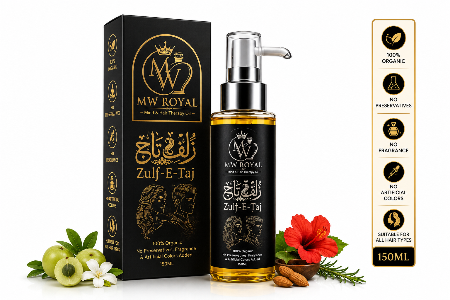Zulf-e-Taj Hair Oil by MW ROYAL featuring natural hair care benefits, deep nourishment, stronger roots and healthier-looking hair for men and women