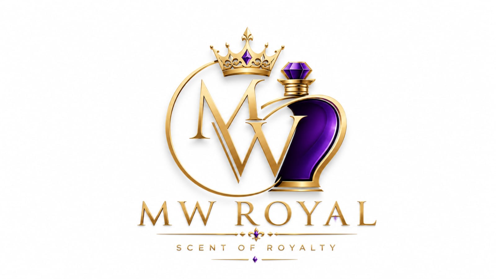 A luxury logo design featuring a gold monogram 'MW' under a crown, alongside a purple perfume bottle, with the text 'MW ROYAL' and 'SCENT OF ROYALTY' below on a white background.