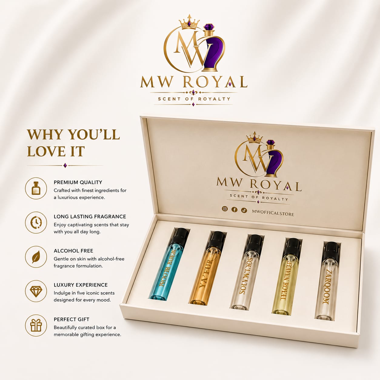 MW Royal Scent of Royalty gift set featuring an open cream-colored box with five labeled fragrance vials, alongside marketing text on a white background.