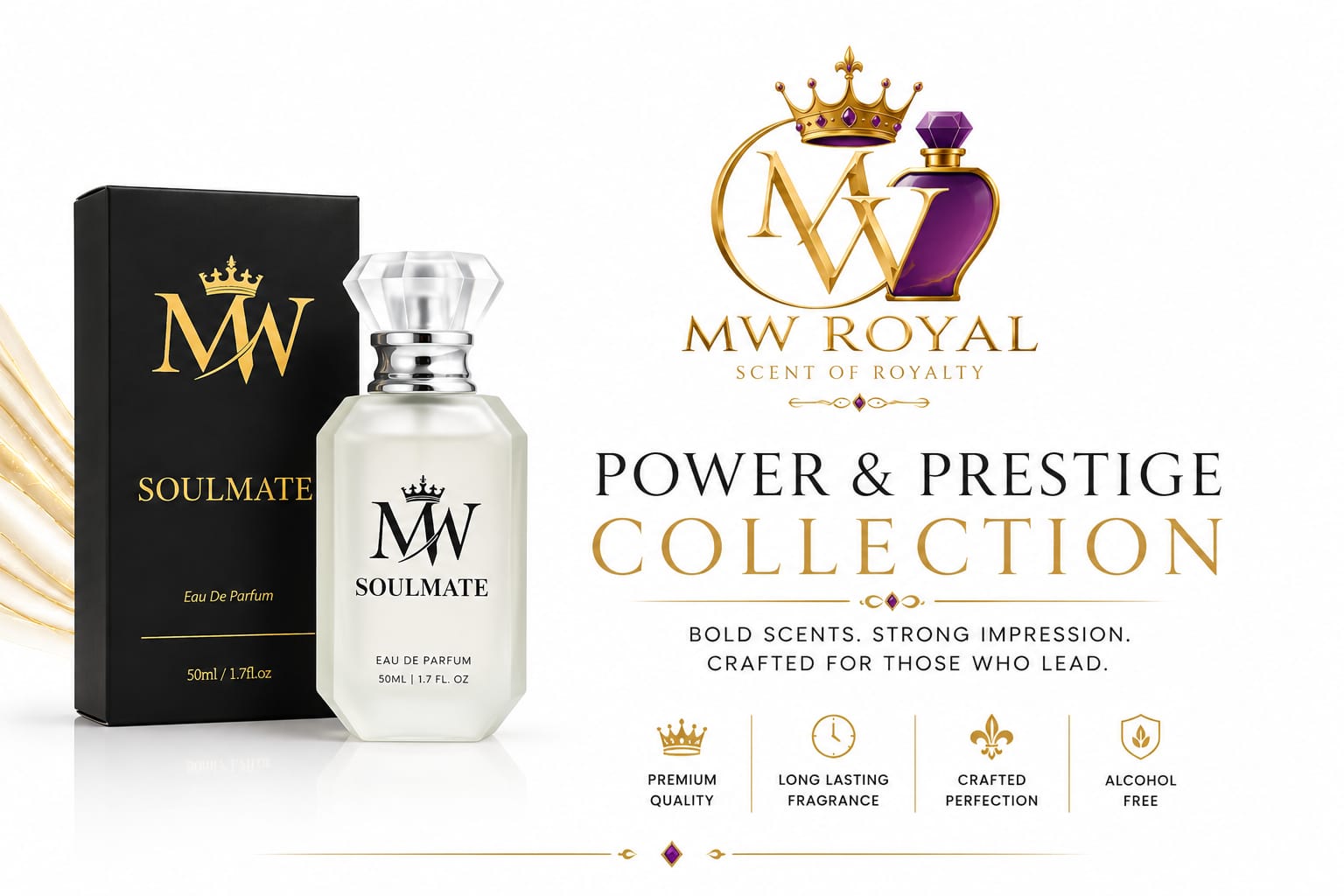 MW Royal Soulmate Eau De Parfum bottle and its black packaging box, presented alongside a promotional graphic for the 'Power & Prestige Collection' on a white background.