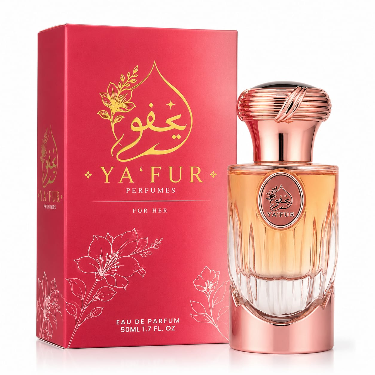 YA'FUR Perfumes 'For Her' Eau de Parfum 50ml bottle next to its red packaging box, featuring gold Arabic calligraphy and floral designs.
