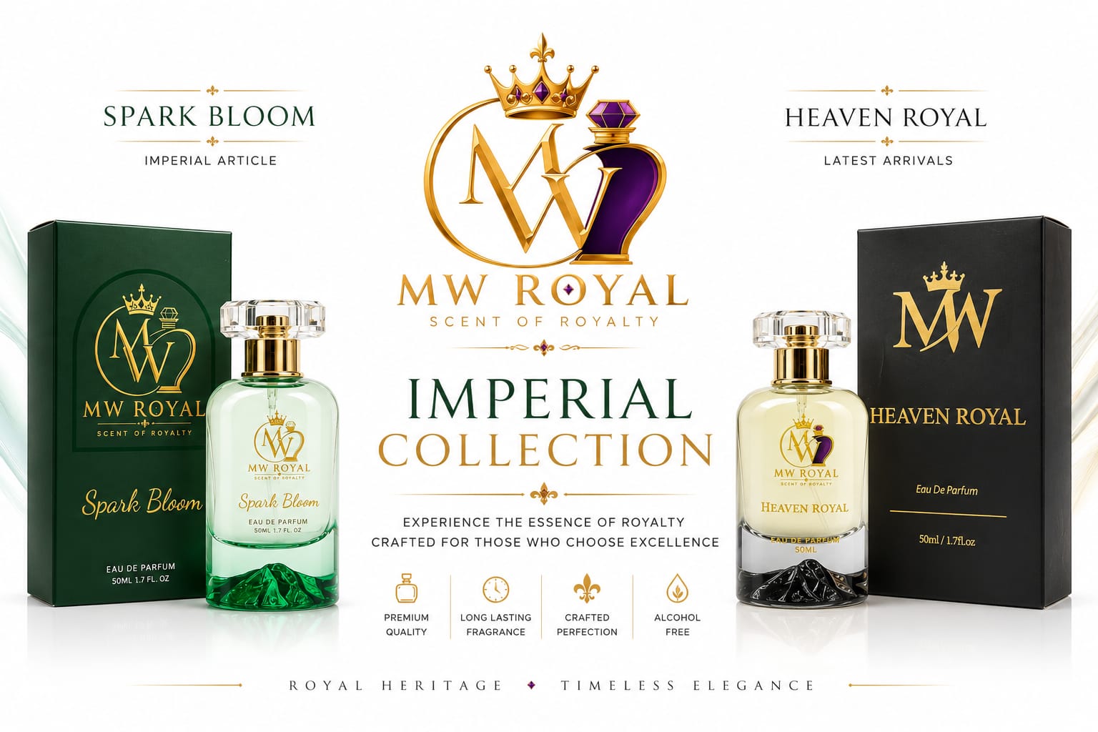 A promotional banner for the MW Royal Scent of Royalty Imperial Collection, featuring two perfume bottles and their boxes: Spark Bloom (green) and Heaven Royal (cream and black).