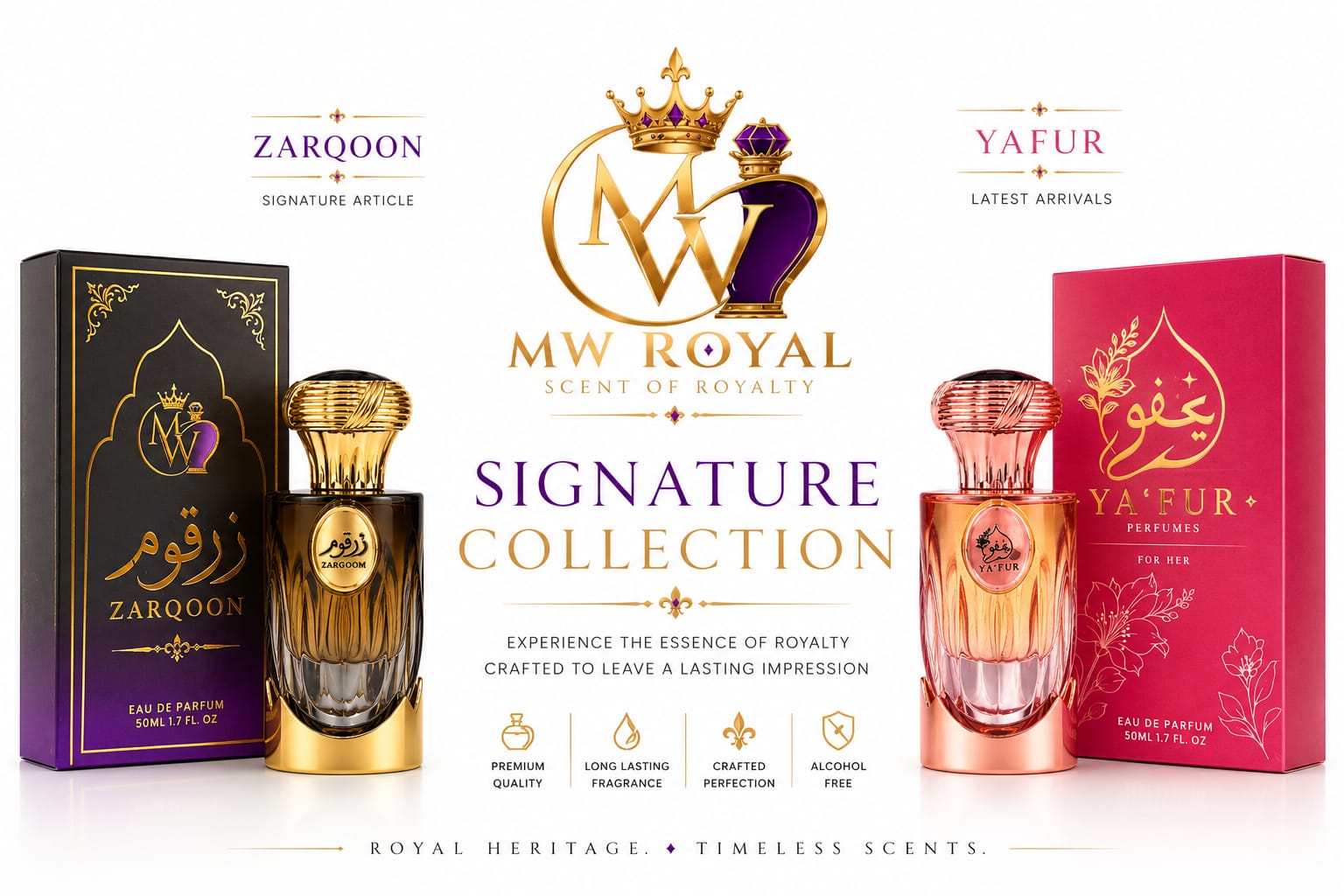 A promotional banner for MW Royal Scent of Royalty, showcasing the 'Signature Collection' with two perfume bottles and their boxes. On the left is the 'Zarqoon' signature article in a dark purple box with a dark brown bottle.
