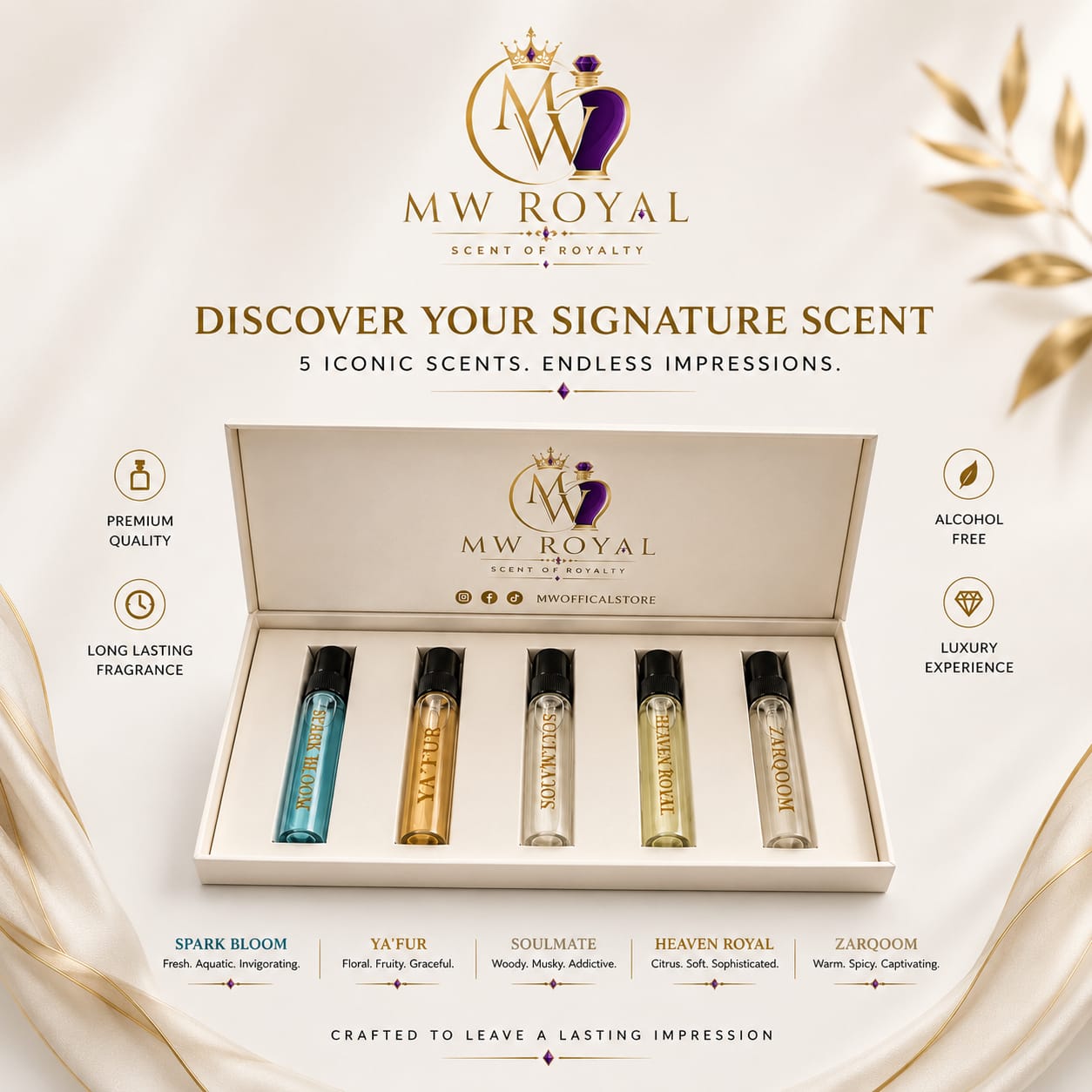 MW Royal 'Scents of Royalty' gift set containing five miniature fragrance oil vials displayed in an open cream-colored box, with product details and descriptions shown on a decorative cream background.