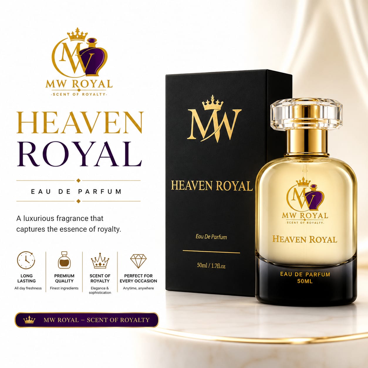 Heaven Royal Eau De Parfum highlighting its long-lasting premium fragrance and elegant bottle design.
