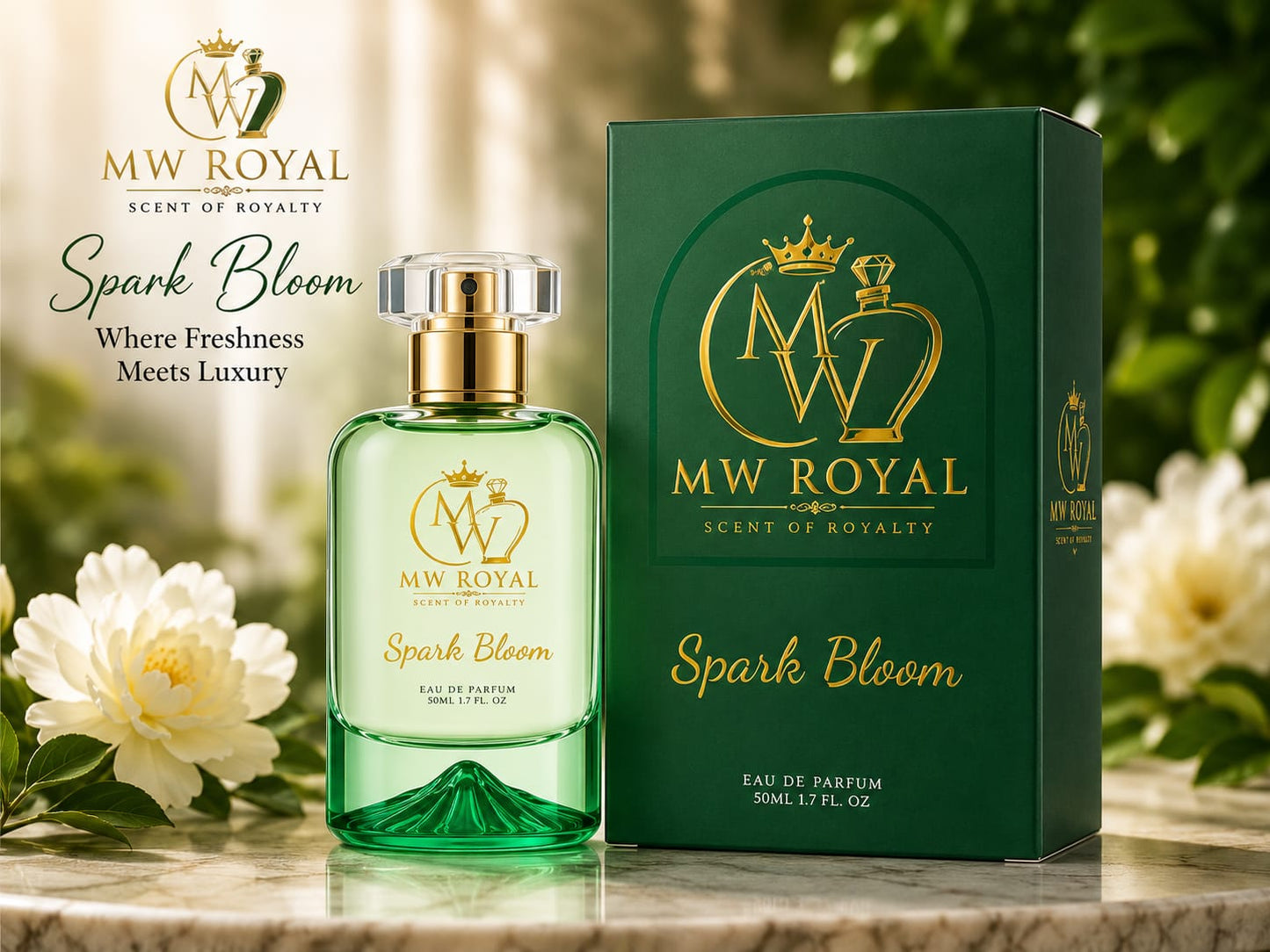 Luxury MW ROYAL Spark Bloom perfume bottle with branded packaging showcasing premium design.