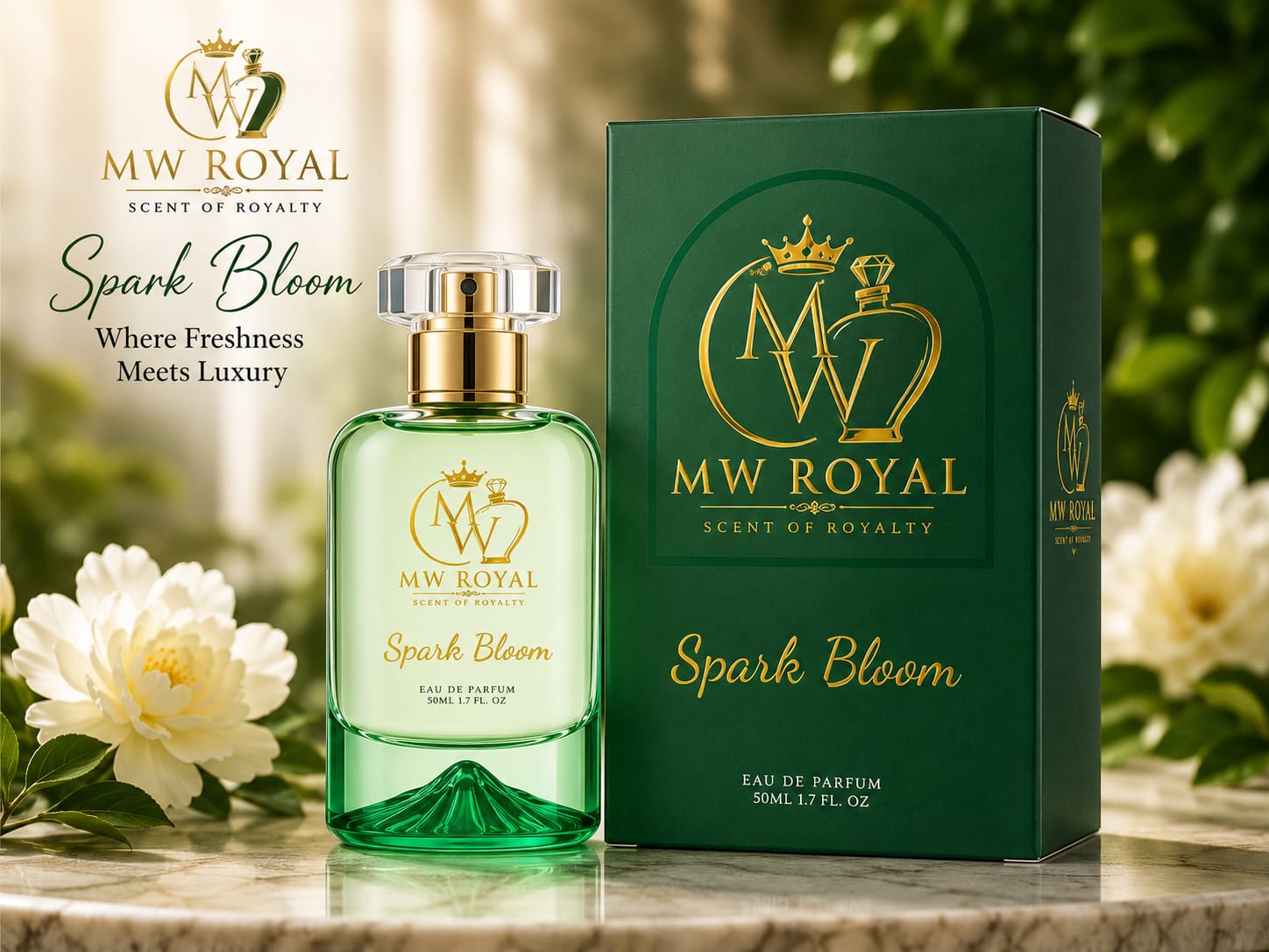 Luxury MW ROYAL Spark Bloom perfume bottle with branded packaging showcasing premium design.