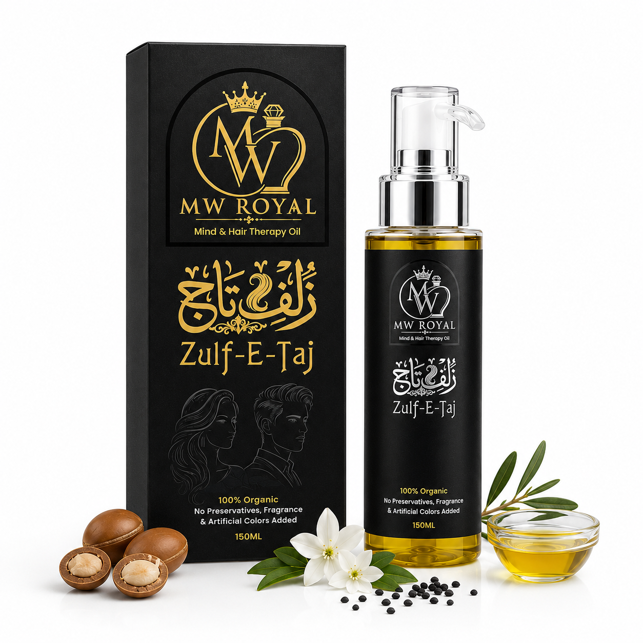 MW ROYAL Zulf-e-Taj Hair Oil with key benefits including hair fall reduction, hair growth support, shine, conditioning and deep nourishment